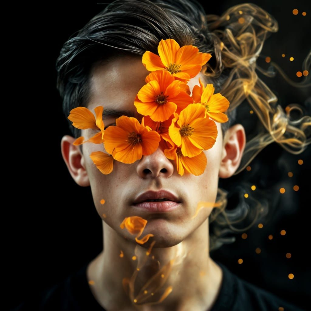 Surreal Portrait of Transformation in Warm Orange and Yellow