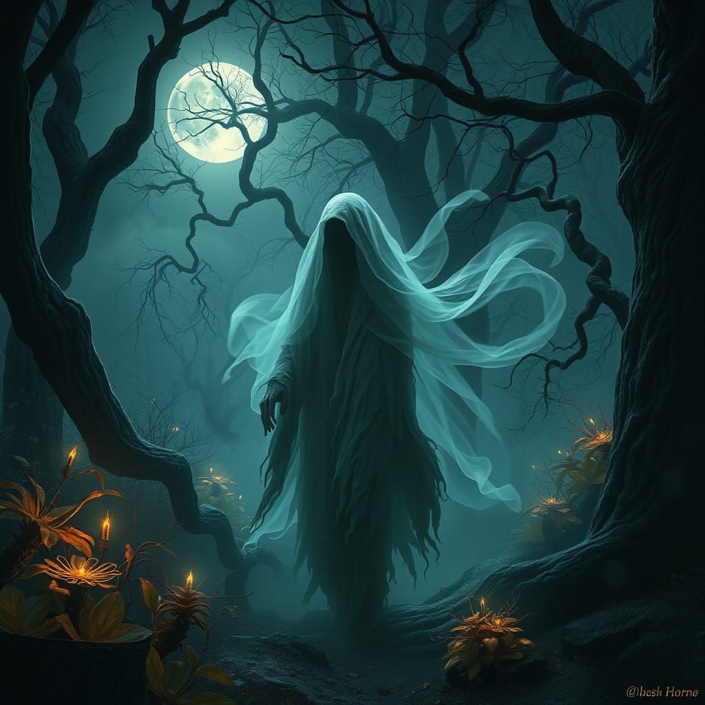 Ethereal Spectral Figure in Moonlit Forest