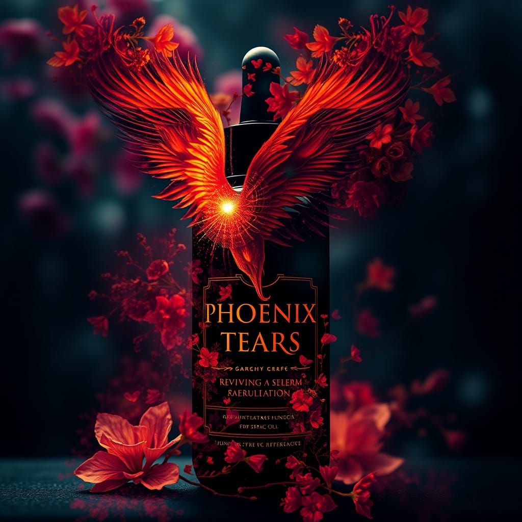 Surreal Garden Blooms from Mystical Serum Bottle in Dark Fan...