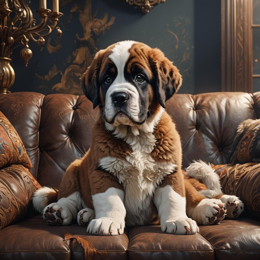 Cute Saint Bernard Puppy on Couch