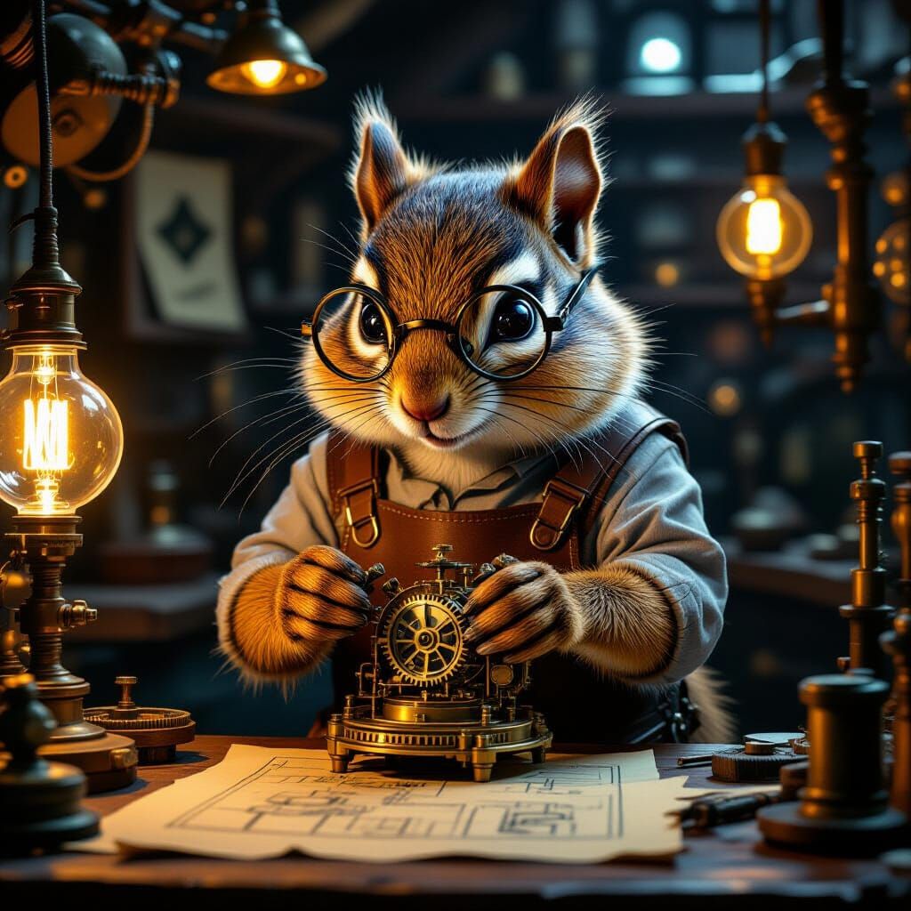 Steampunk Chipmunk Inventor in Victorian Workshop