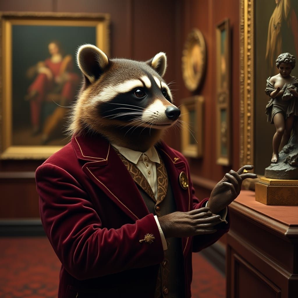 Refined Raccoon Art Connoisseur Examines Masterpiece in Opul...