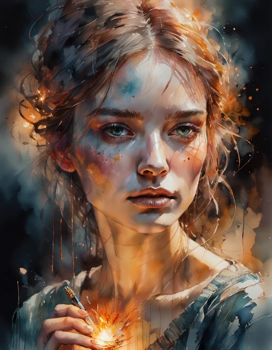 Young Woman Holding a Glowing Ember: Watercolor Portrait