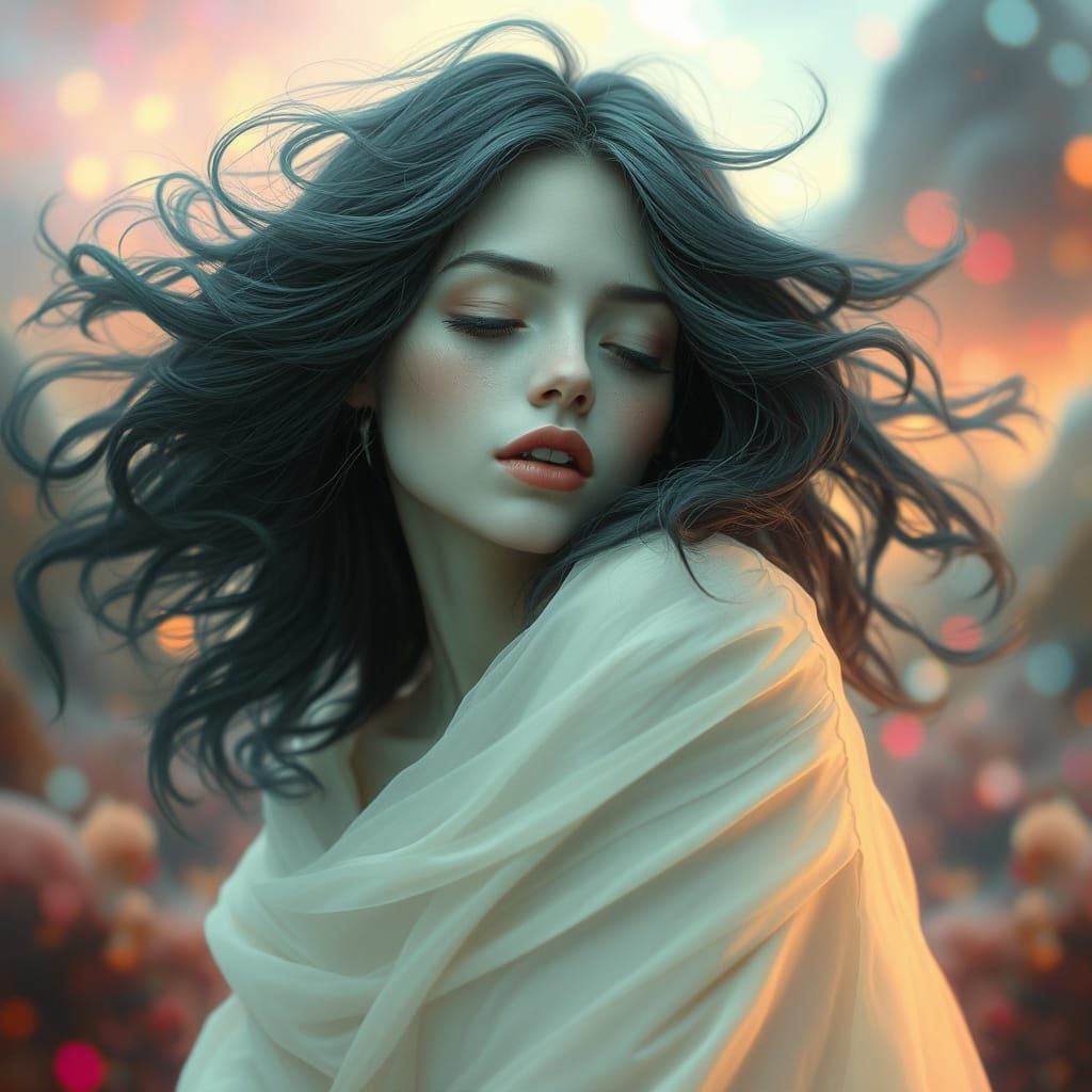 Surreal Dream Girl in Distorted Landscape