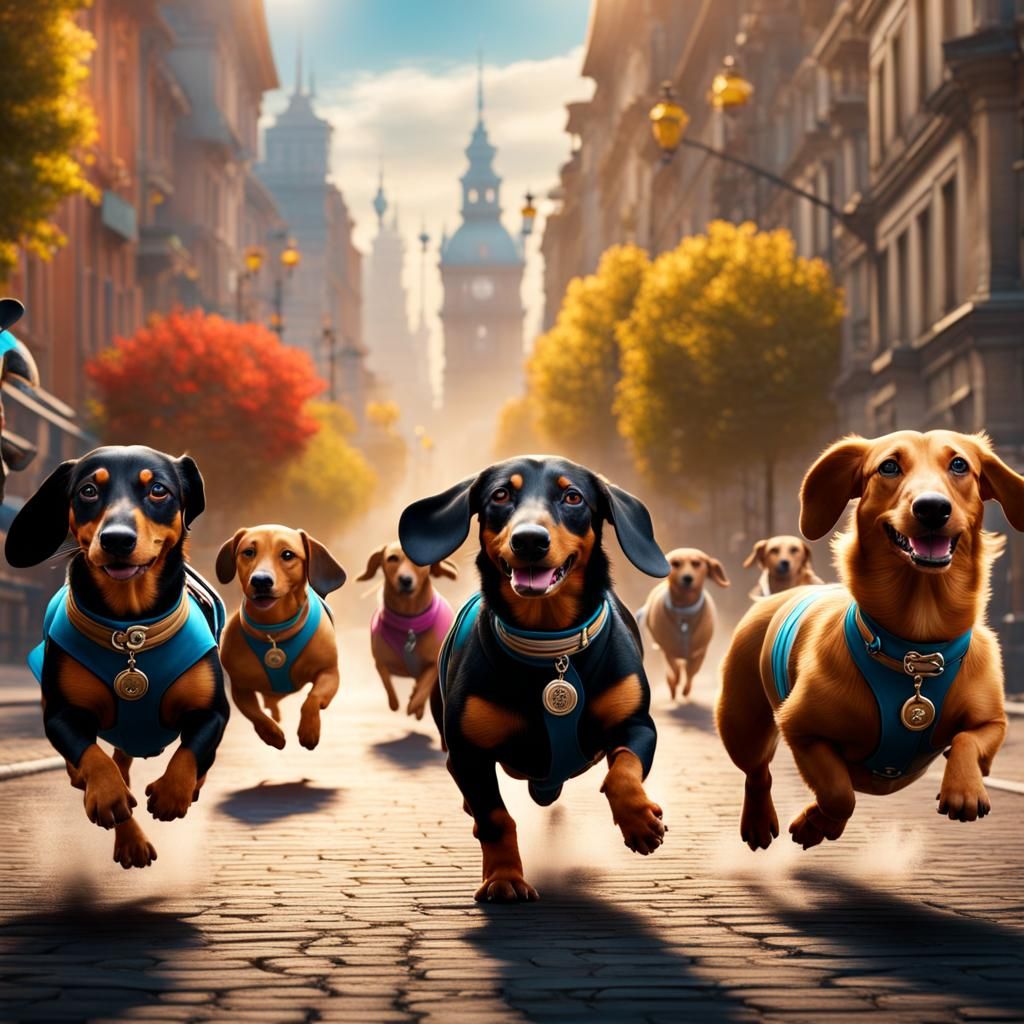 Dachshunds Run Marathon: Detailed Matte Painting