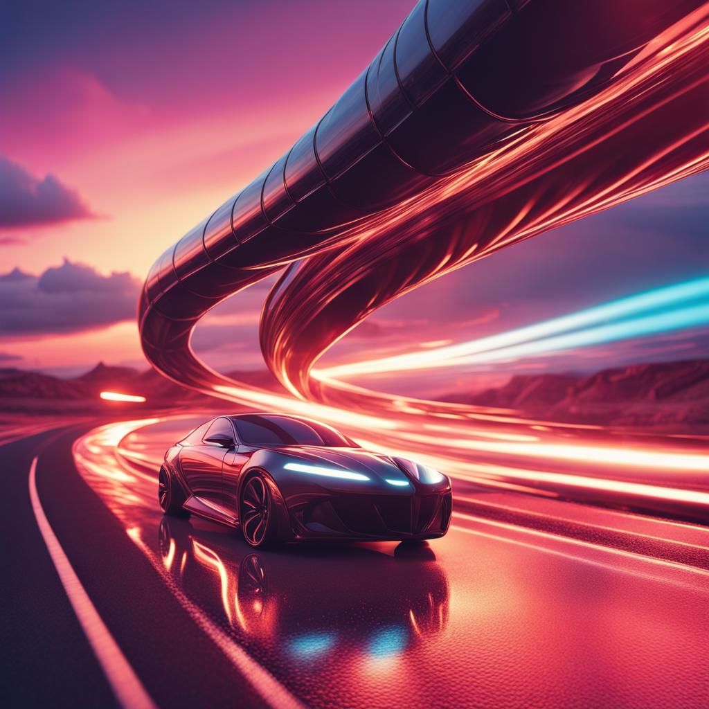 Futuristic Road with Synthwave Sunset and Lens Flare