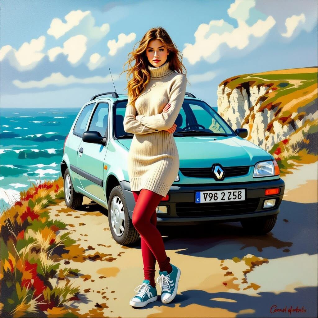 French Woman on Normandy Cliff as Oil Painting