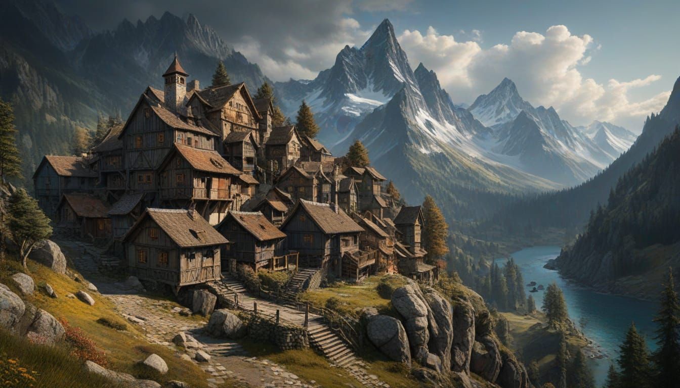 Fantasy Mountain Village in Warm, Eerie Light