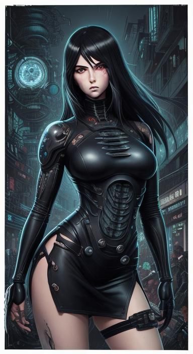 Curvy body, anime, woman, beautiful, anime art, skimpy, platinum long hair, red eyes, leather dress, Gothic, , Gothic ae...