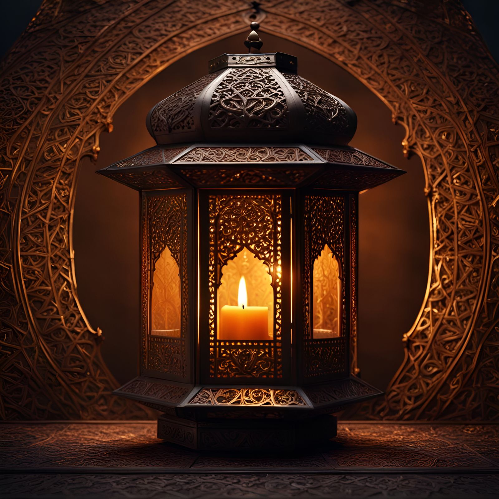 Ornate Islamic Lantern with Candlelight in Digital Painting