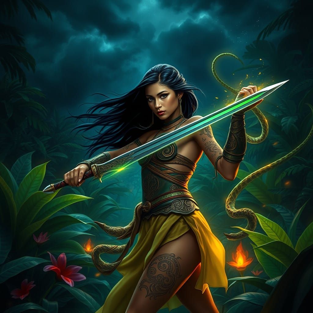 Amazon Warrior Emerges Under Stormy Jungle Sky