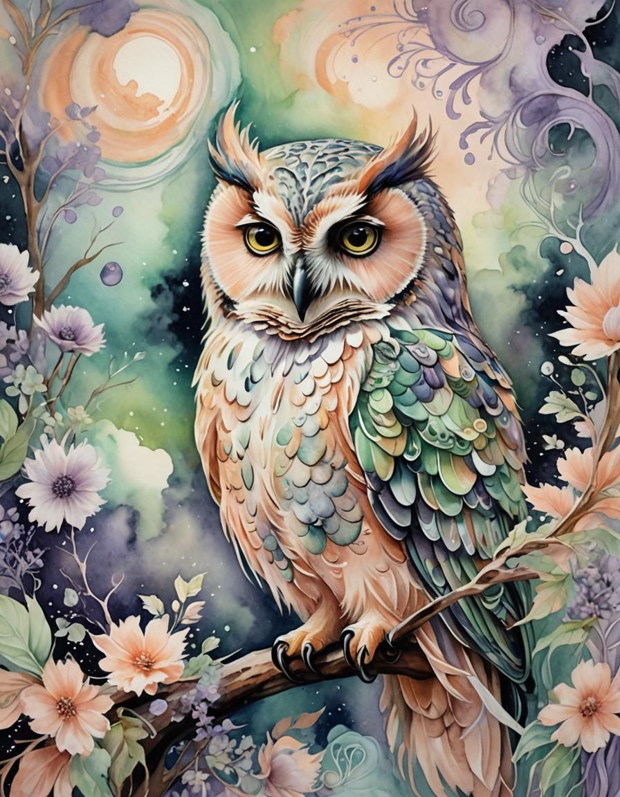 Pastel Owl Dreamscape: Whimsical Watercolor Fantasy Art