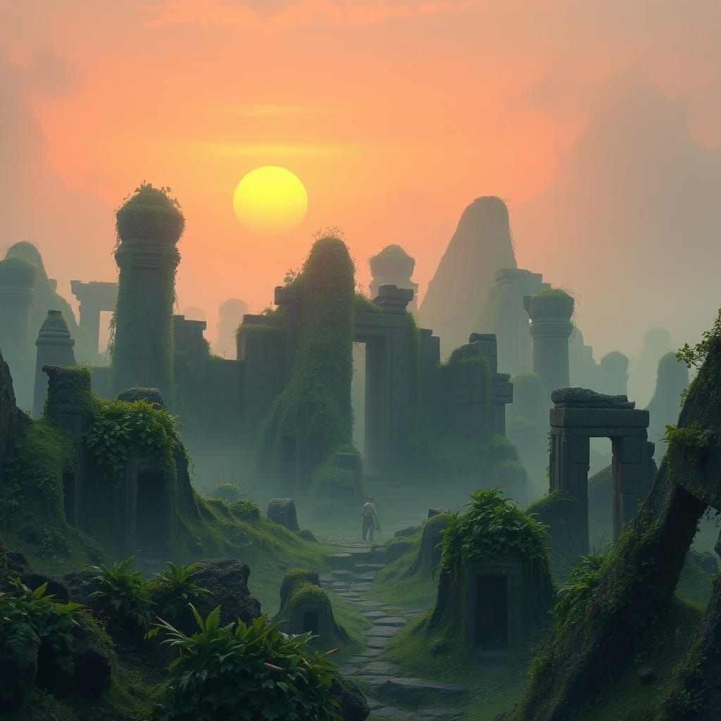 Mysterious Ancient Ruins in a Vibrant Sunset