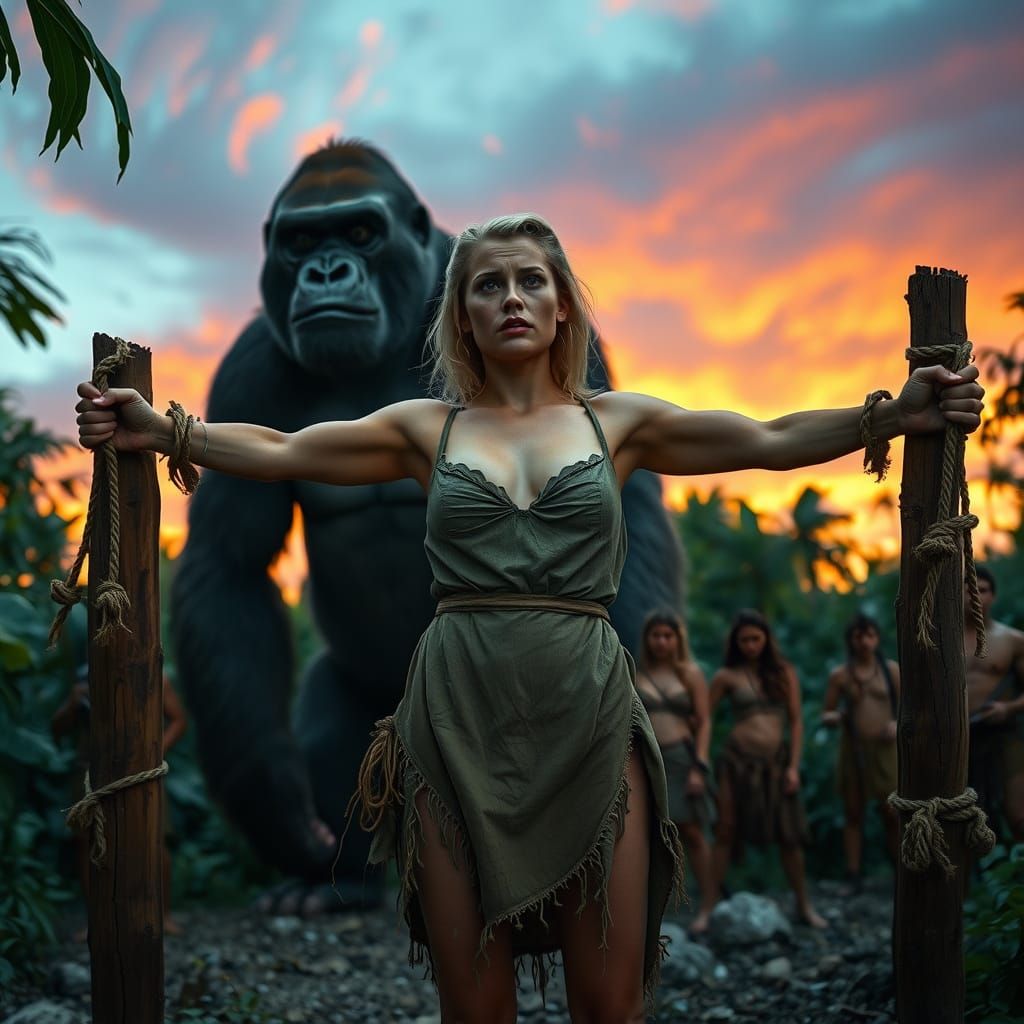 Jungle Peril: Woman Bound Before a Gorilla