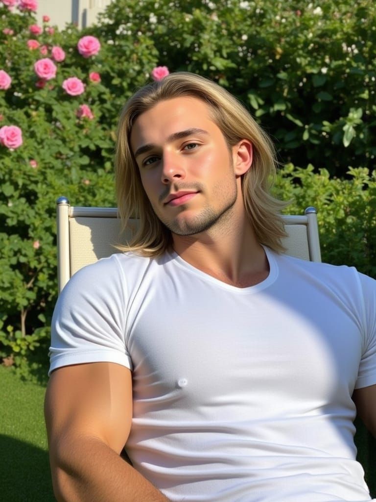 Handsome blonde man in a garden