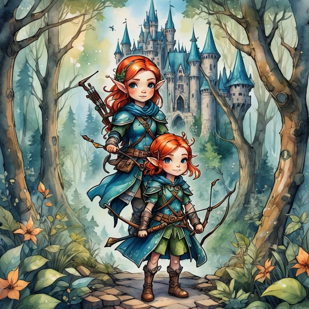 Charming Chibi Archer in Enchanted Forest: Watercolor Art