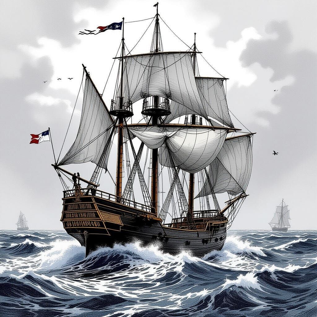 Majestic Sailing Ship Line Drawing in Pen and Ink Style