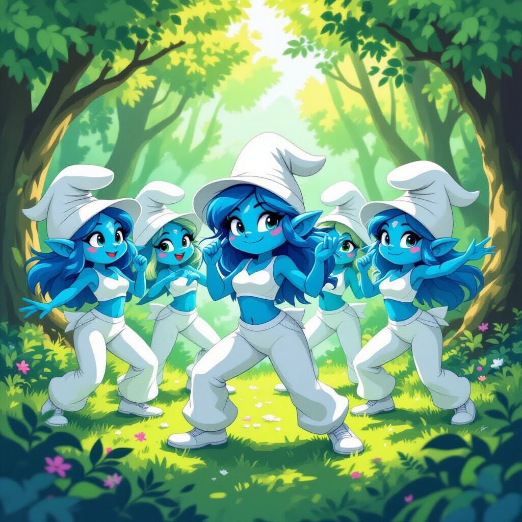 Furry Smurf Women Dance in Lush Forest