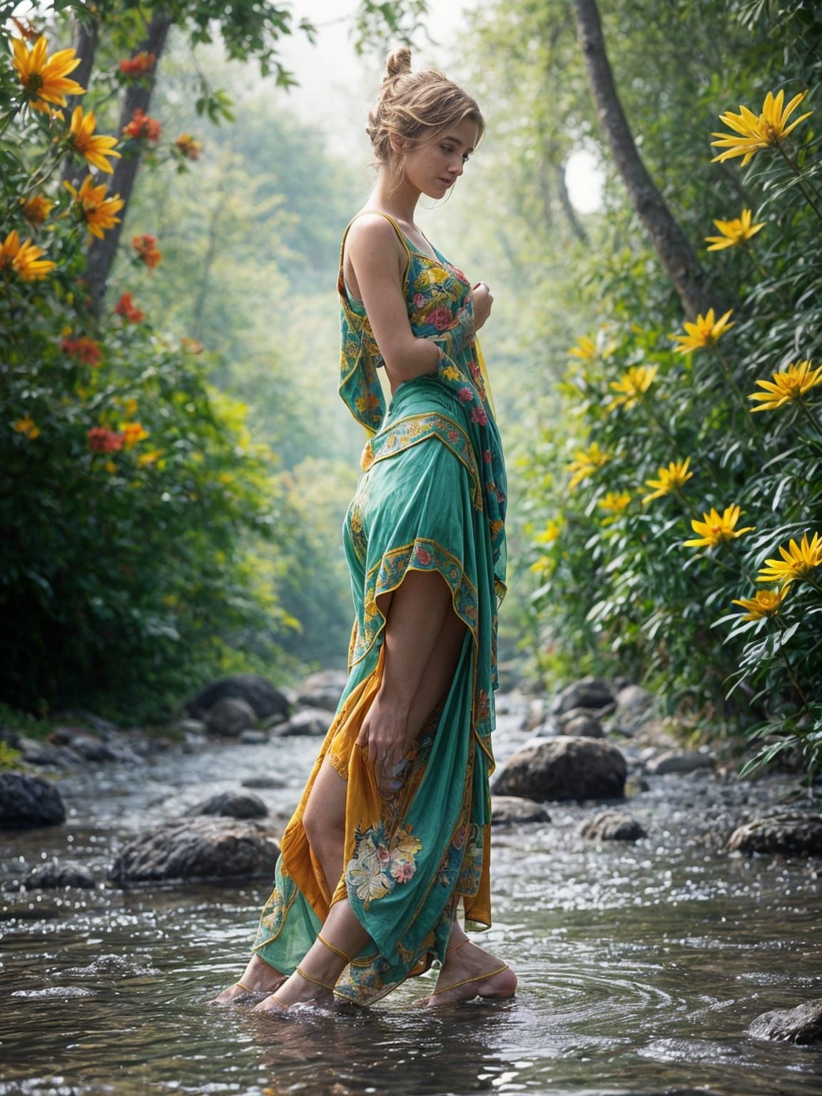 Realistic Agate and Turquoise Pebble Female Sculpture in a R...