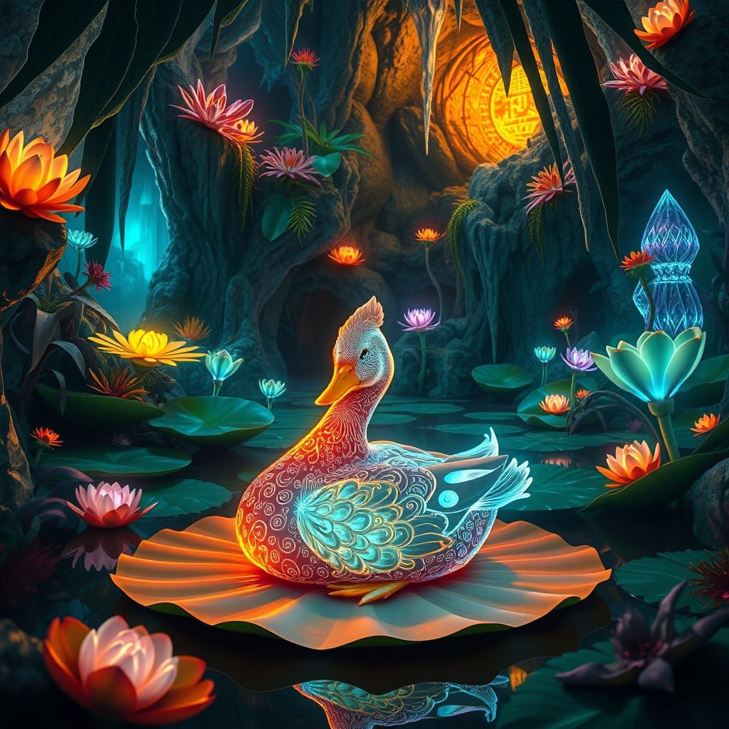 Glowing Duck on Lily Pad in Bioluminescent Grotto