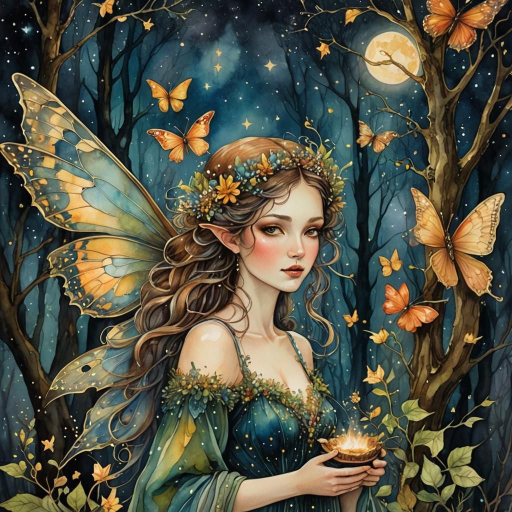 Enchanted Forest Fairy with Butterfly Wings Illustration