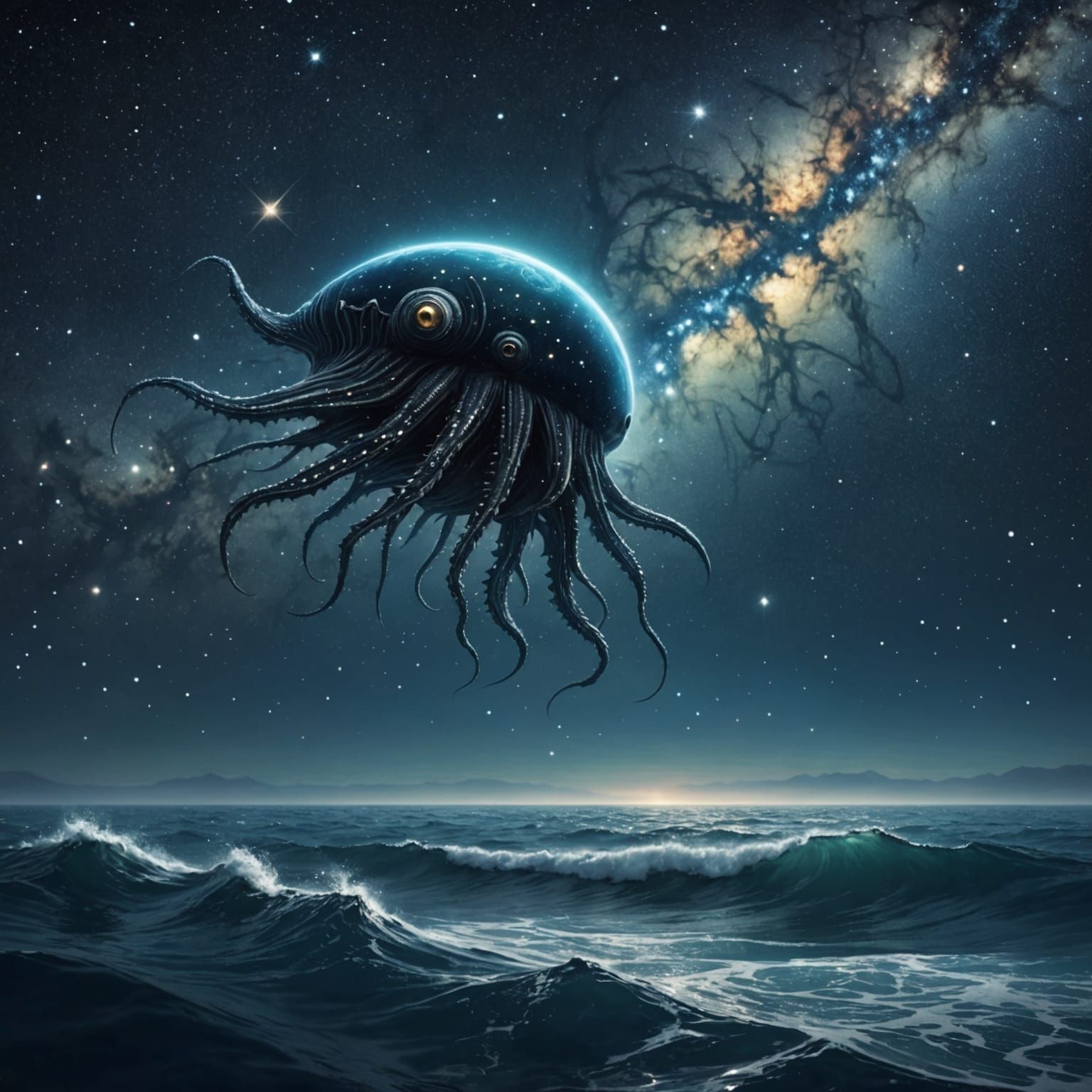 Cosmic Sea Creature Swimming Through Starry Ocean