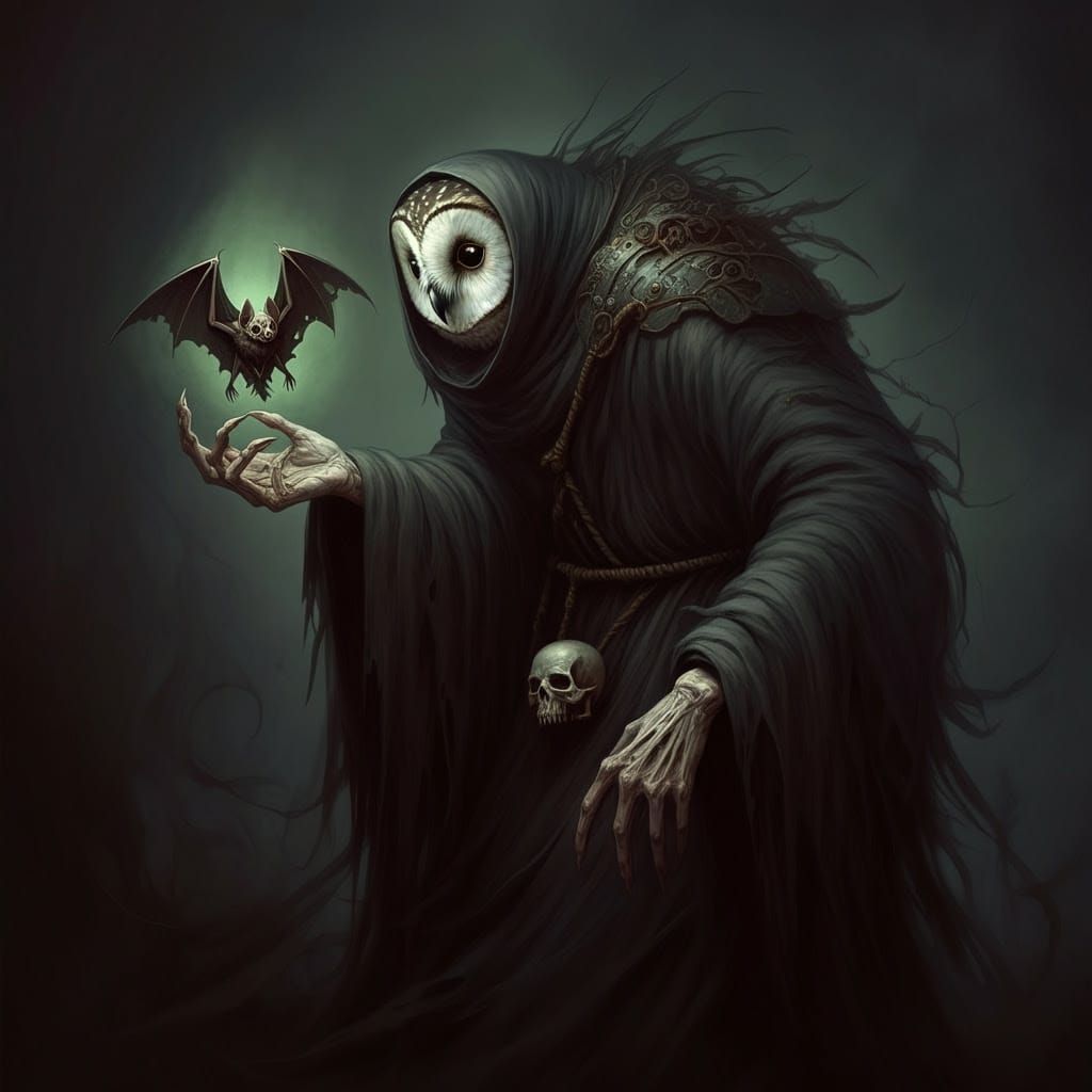 Mysterious Dark-Robed Figure Holds Twisted Bat Amidst Necrom...