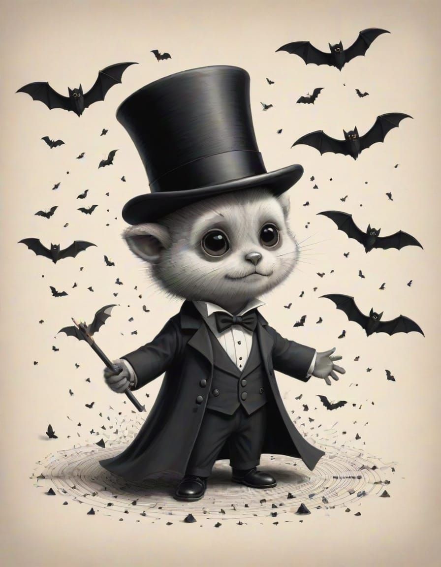 Pencil Sketch of Cute Bat Magician Vanishing into Bats