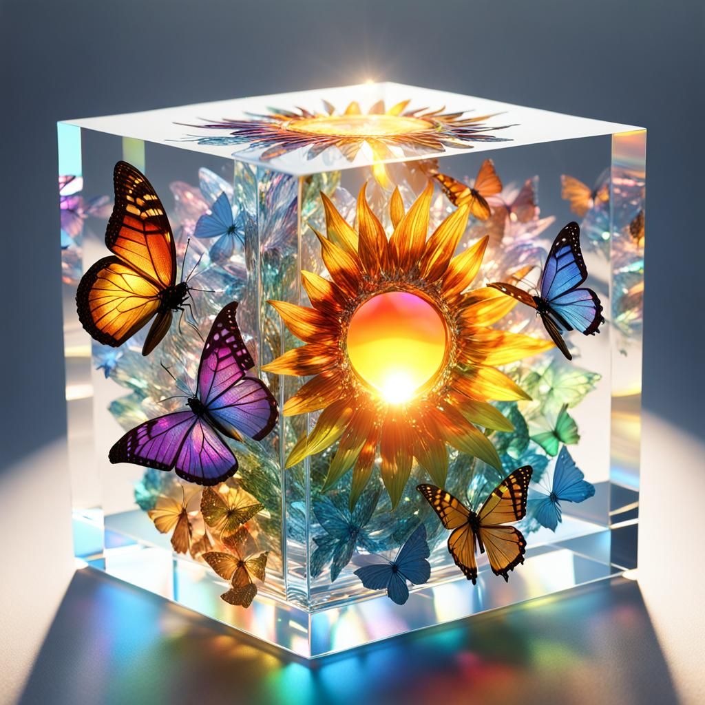 Sun in Crystal Cube: Hyperphotorealistic 3D Rendering
