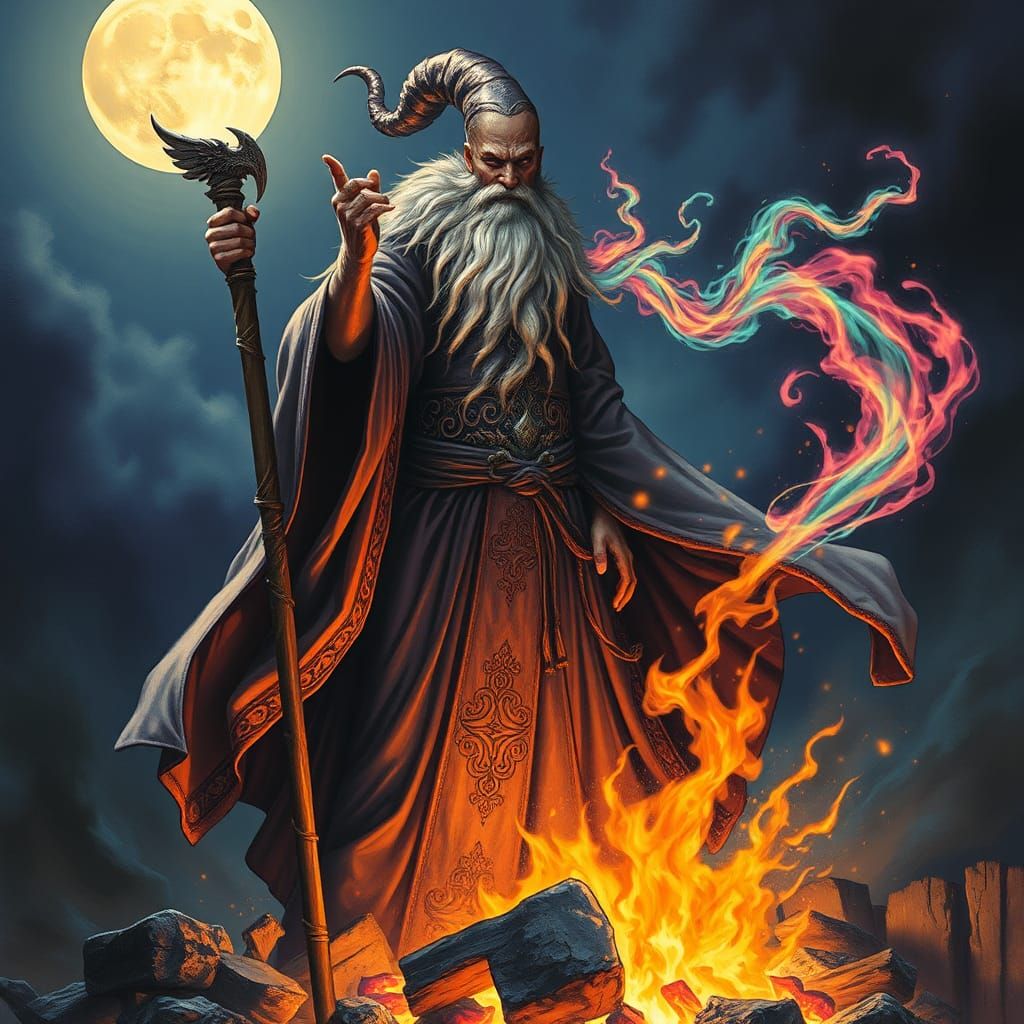 Enchanting Wizard Conjures Energy Under Moonlight