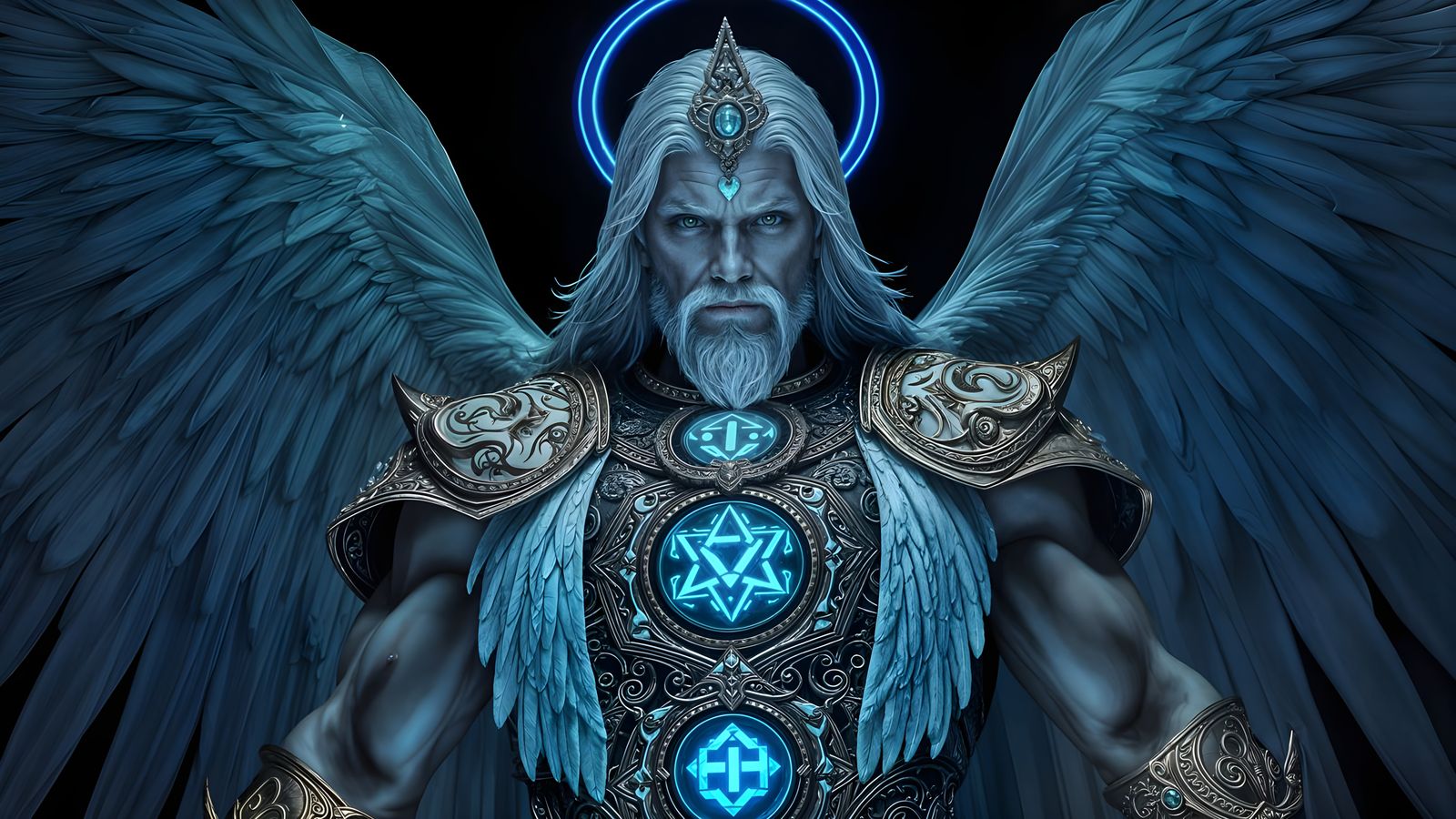 Evil Angel with Cyan Eyes and Seraphim Symbols