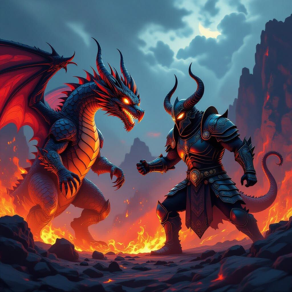 Alien Dragon vs Minotaur Knight in Volcano Eruption