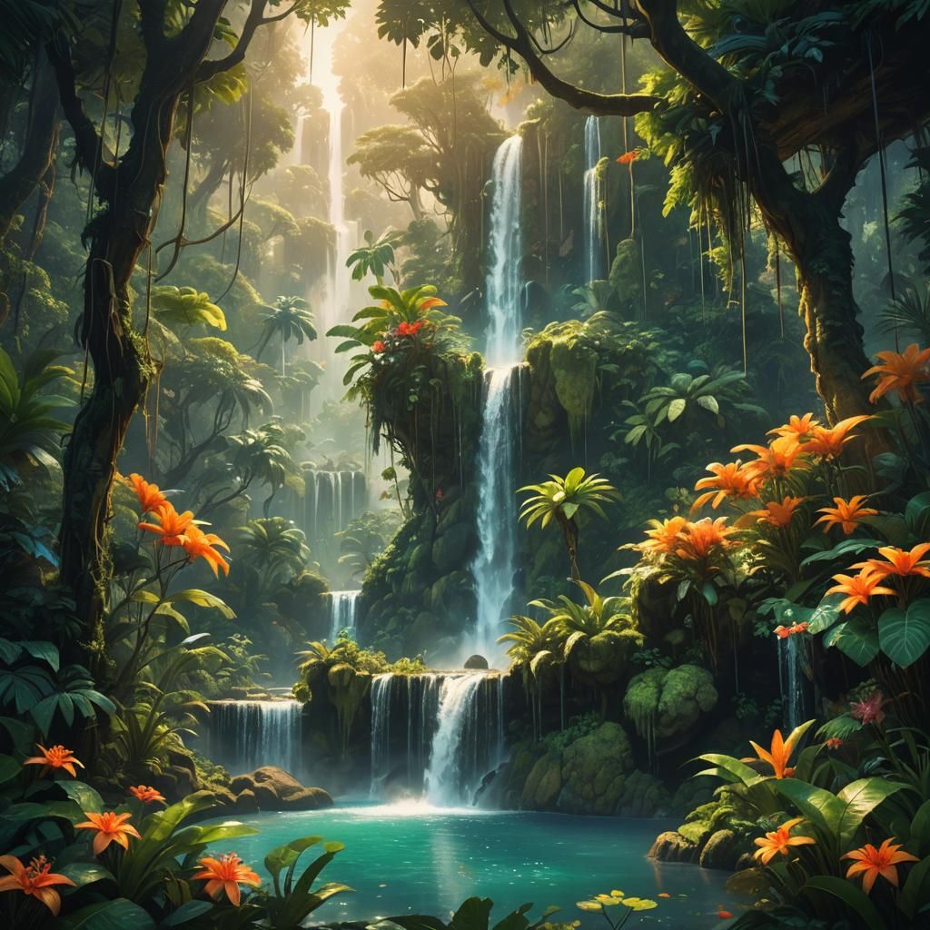 Lush Rainforest Waterfall in Miyazaki Style