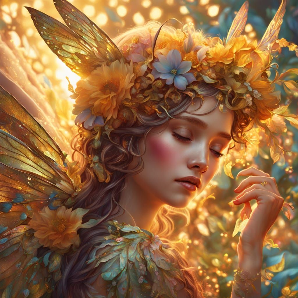 Golden Fairy with Flower Crown: Surreal Oil Painting
