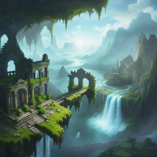Whimsical Floating Islands with Ancient Ruins
