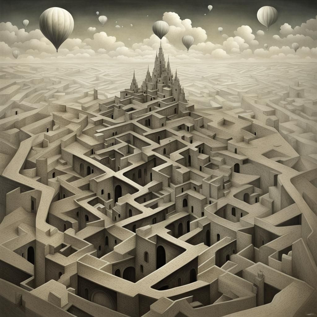 Escher-Inspired Surreal Landscapes in Dreamlike Abstraction