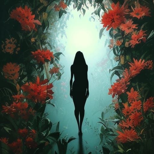 Sinister Silhouette in Jungle Flowers Gouache Painting