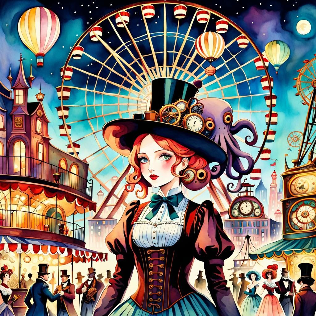 Steampunk Carnival Scene in Watercolor Style