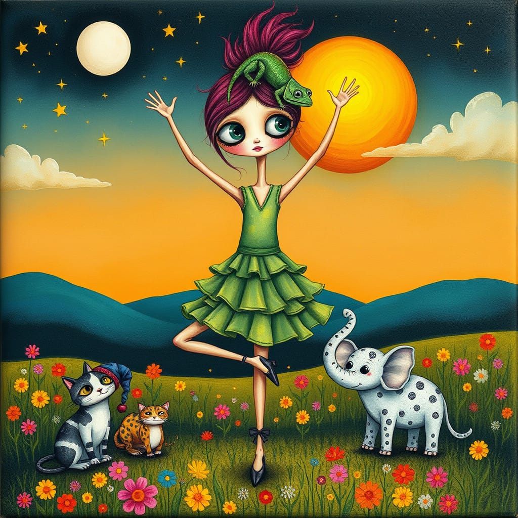 Whimsical Yoga Girl in a Fantastical Wildflower Meadow