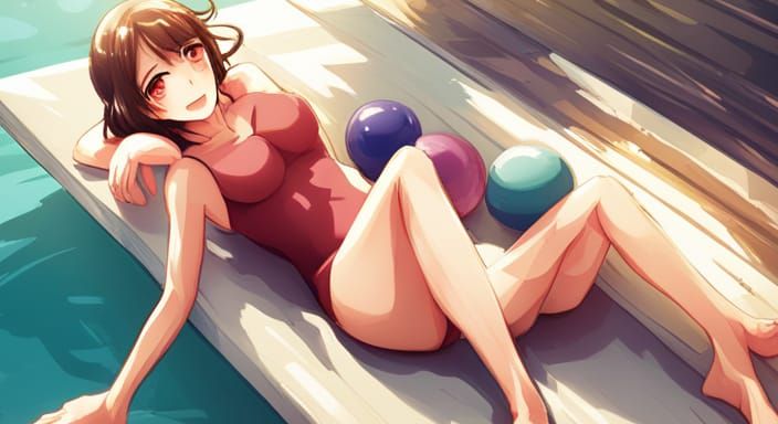 Anime Girl in Swimsuit on Yoga Balls