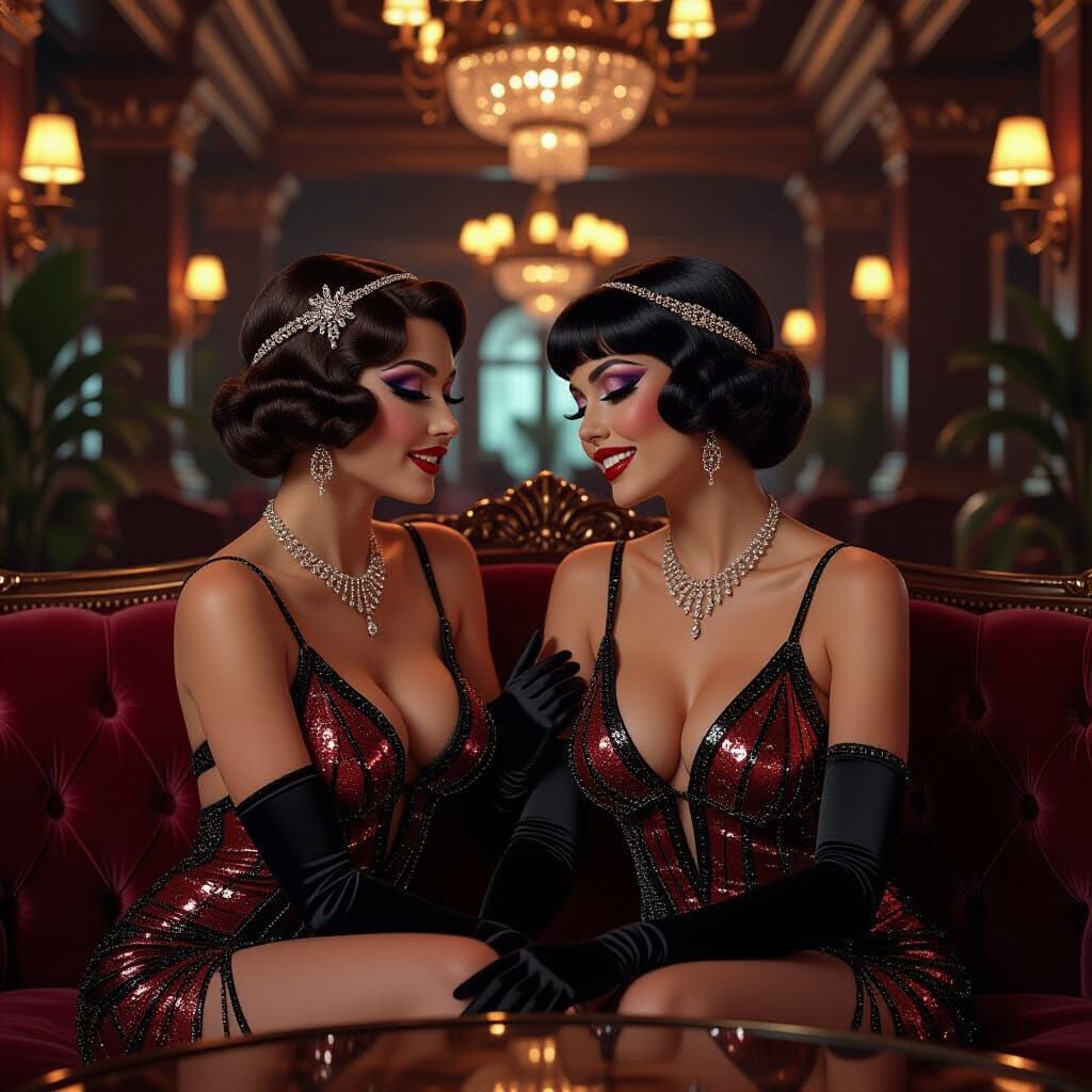 Burlesque Showgirls on Velvet Couch