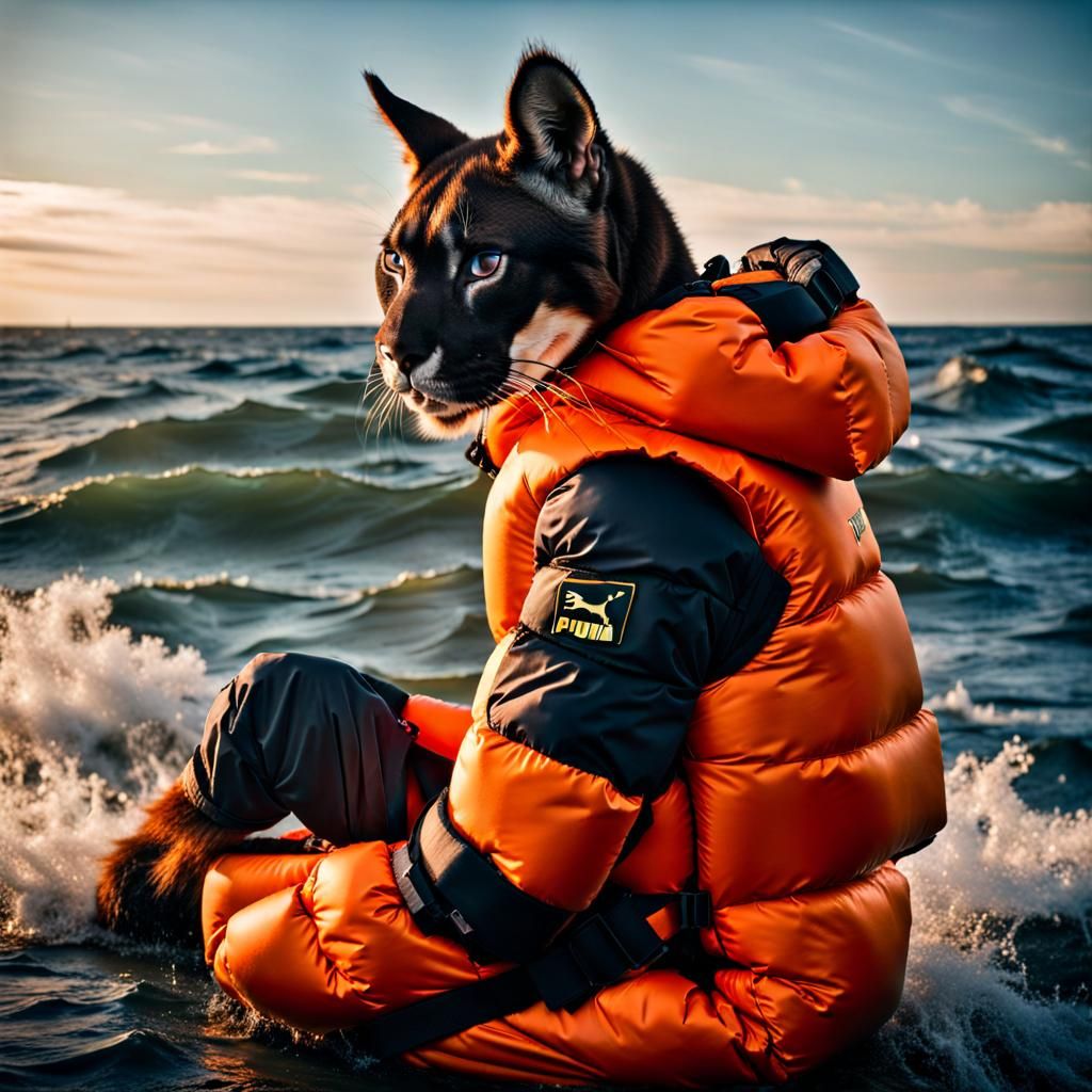 Anthro Puma in Lifejacket Sitting in Surf
