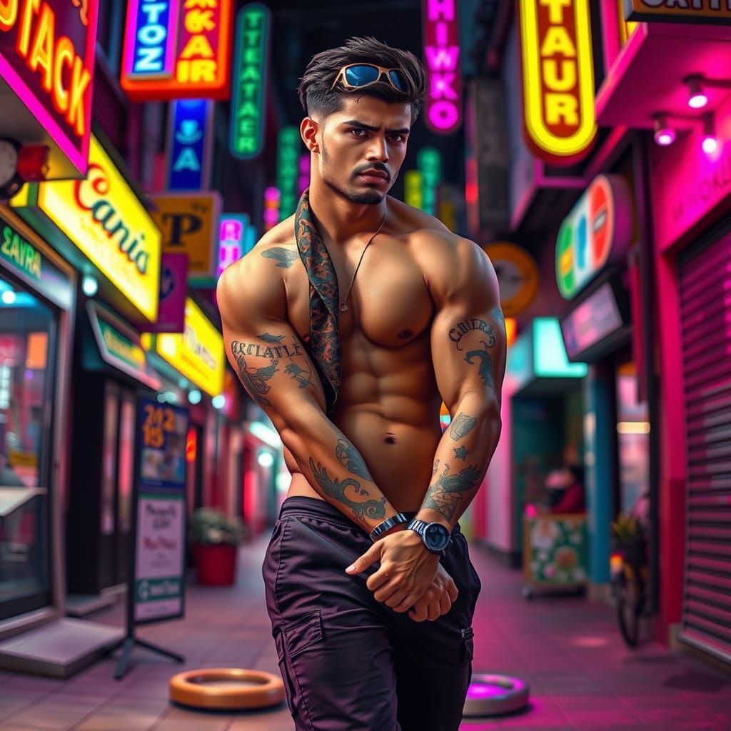 Neon Street Portrait of Muscular Man in Splash Art Style