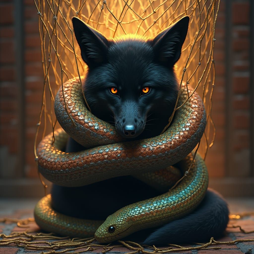 Melancholic Fox Entwined in Golden Net