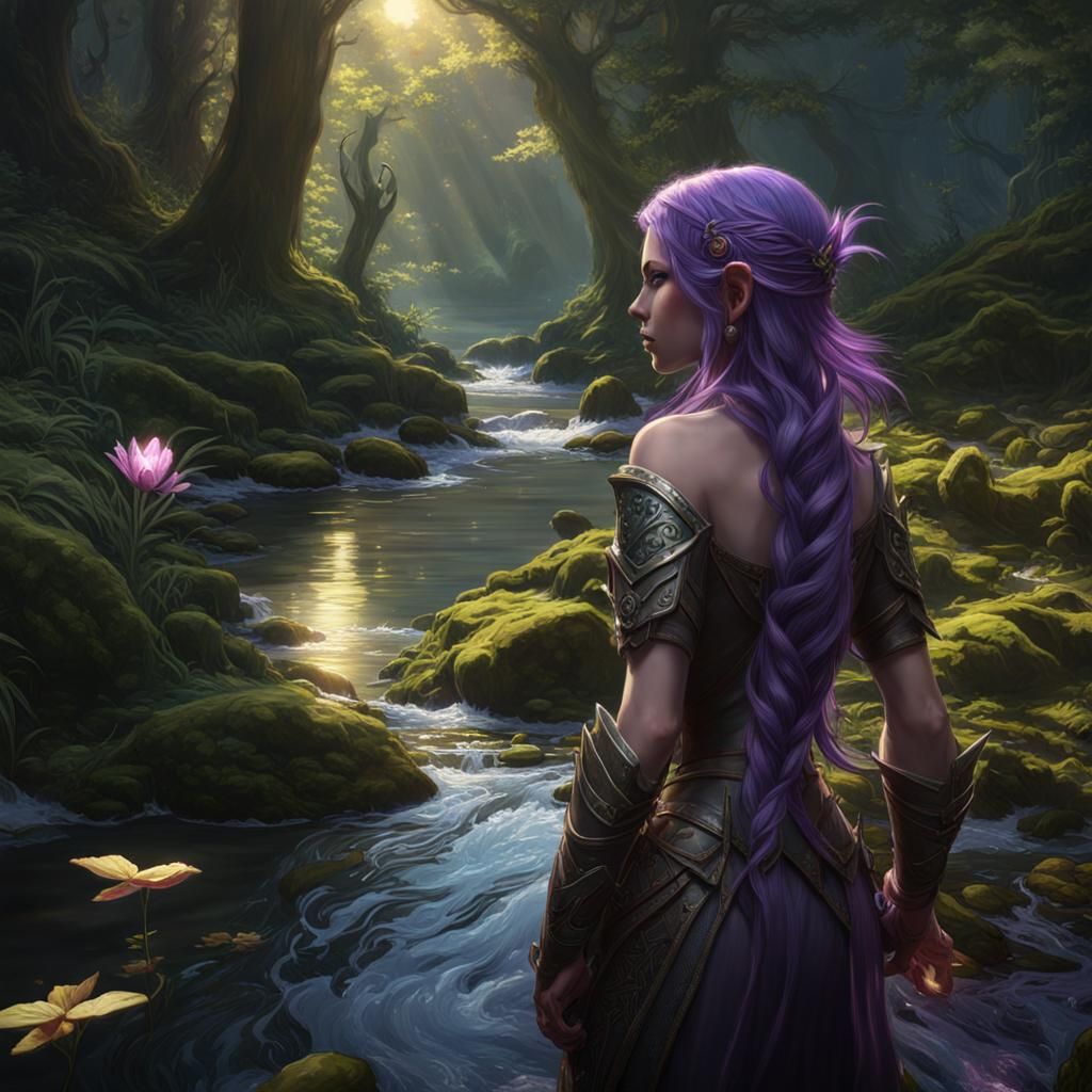 Purple-Haired Elf Girl in Creek, Fantasy Art