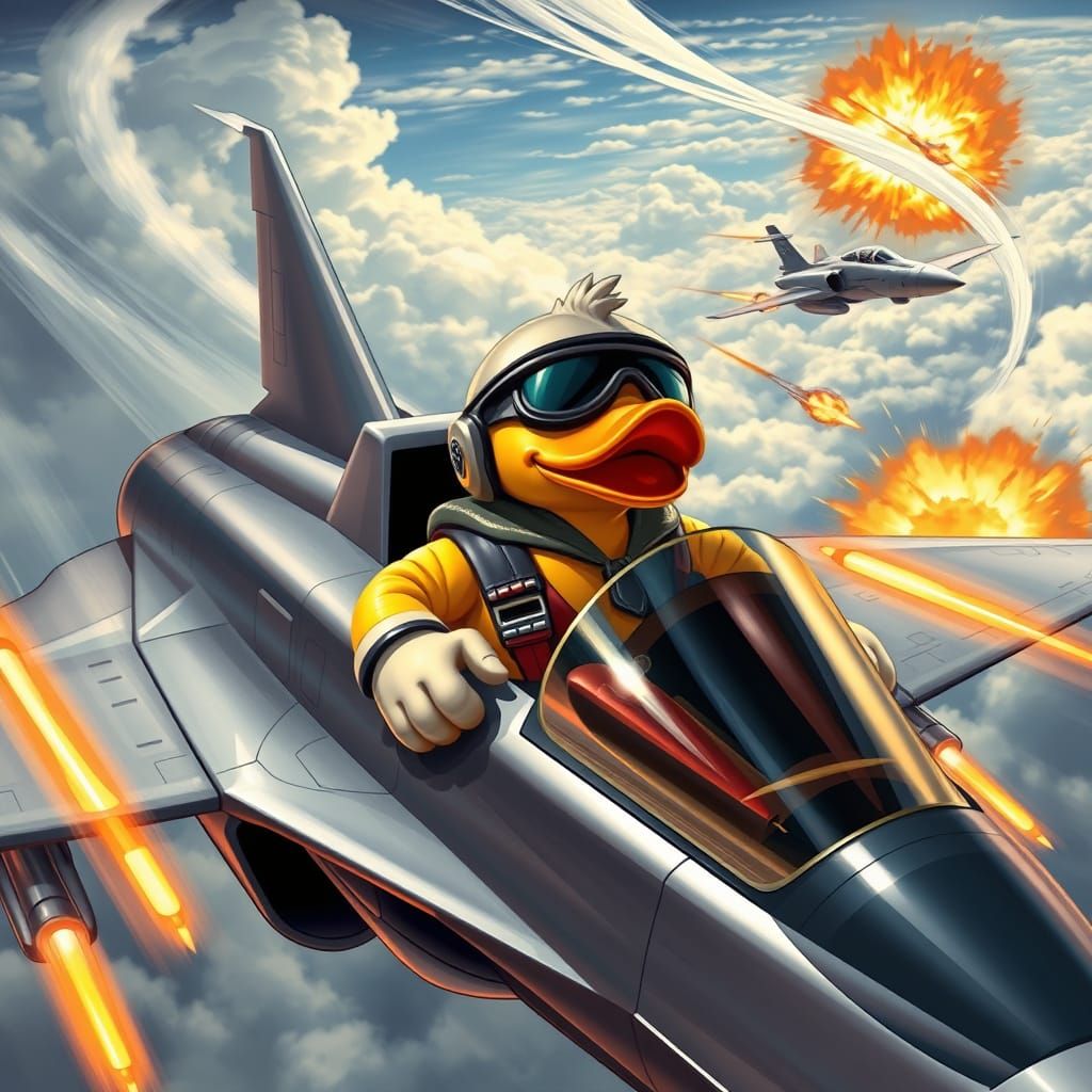Anthropomorphic Rubber Duck Engages in Futuristic Dogfight