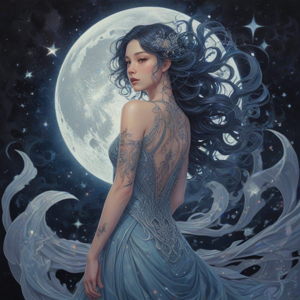 Mystical Woman Under Moonlight, Celestial Tattoos Shimmering...