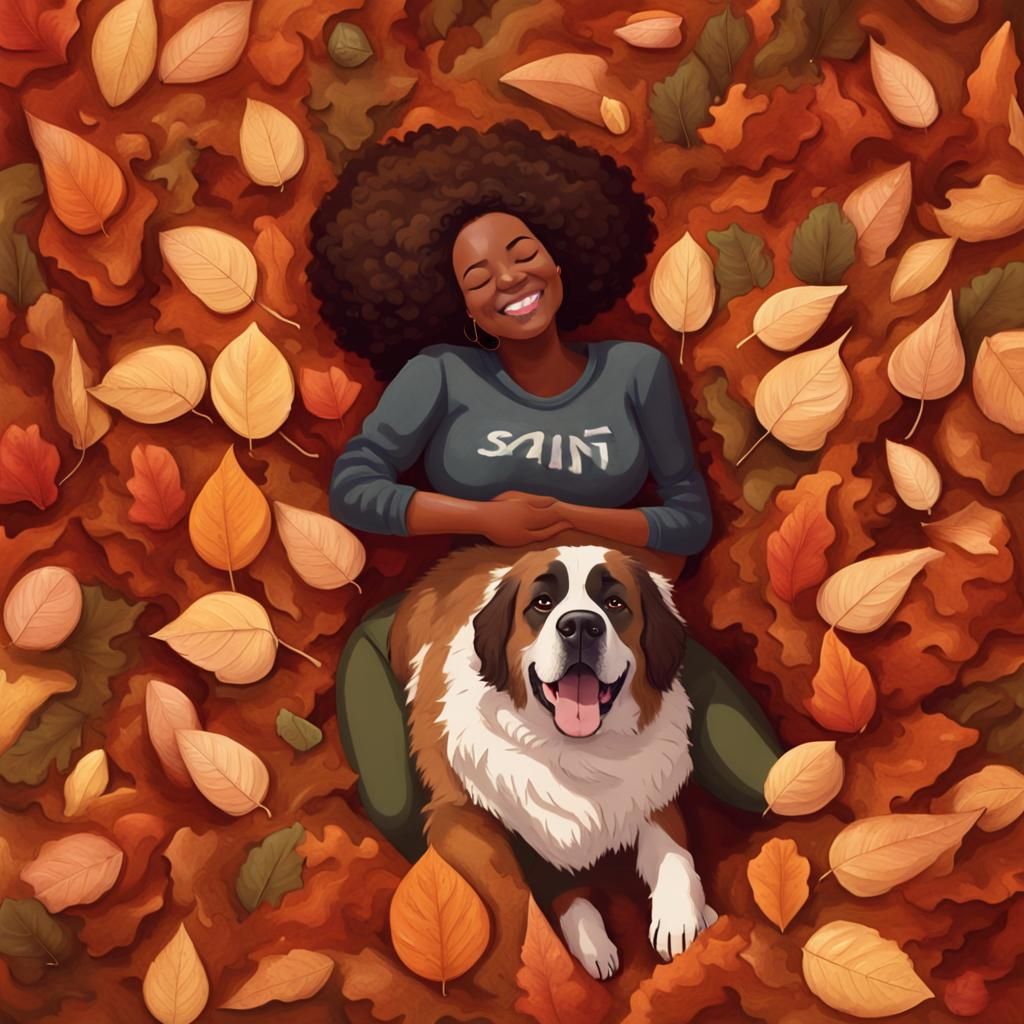 Smiling Woman and Dog in Autumn Leaves
