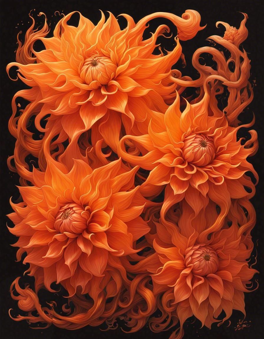 Cascading Fire Dahlias in Glassy Lava Illustration