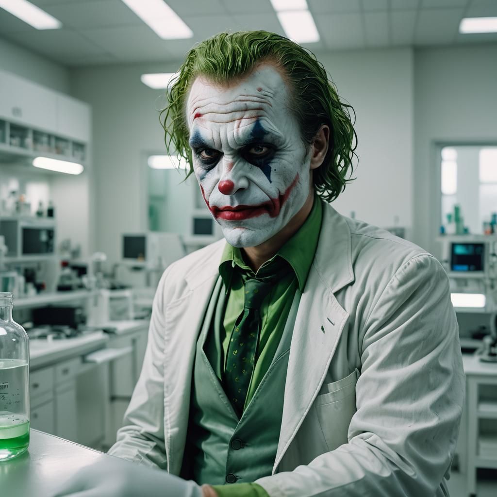 Hyperrealistic Joker Portrait in Surreal Laboratory